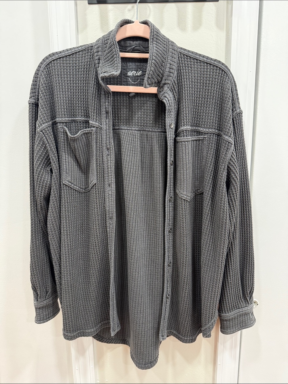 aerie Charcoal Gray Waffle Knit Button-Down Shirt Jacket